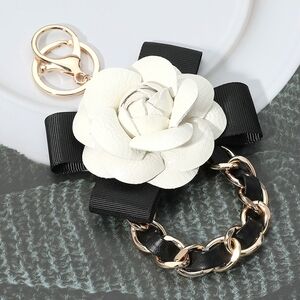 Gold Chain Link Black White Leather Bow Rose Camellia Flower KeyChain Bag Charm